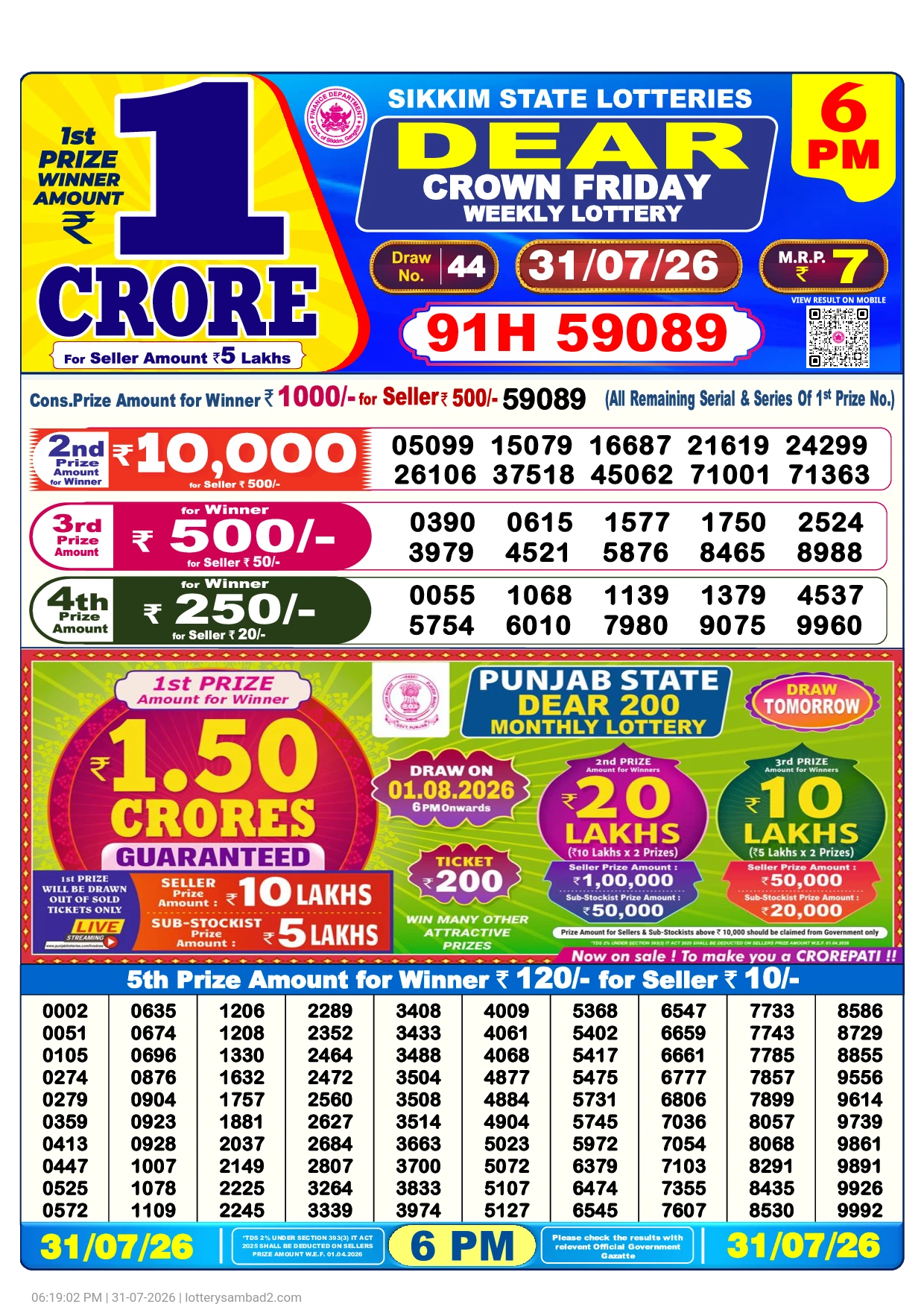Lottery Sambad Result 6 PM 31 July, 2026