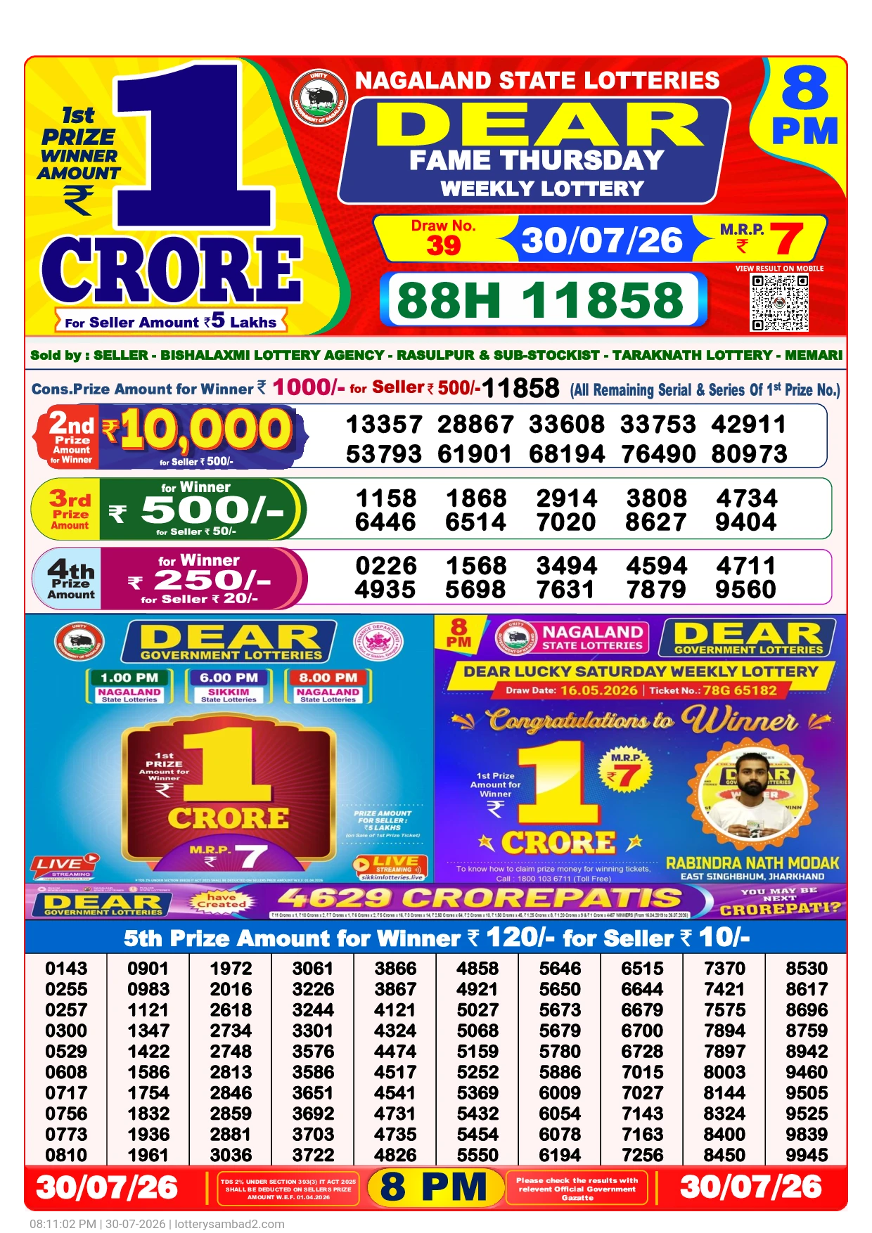 Lottery Sambad Result 8 PM 30 July, 2026