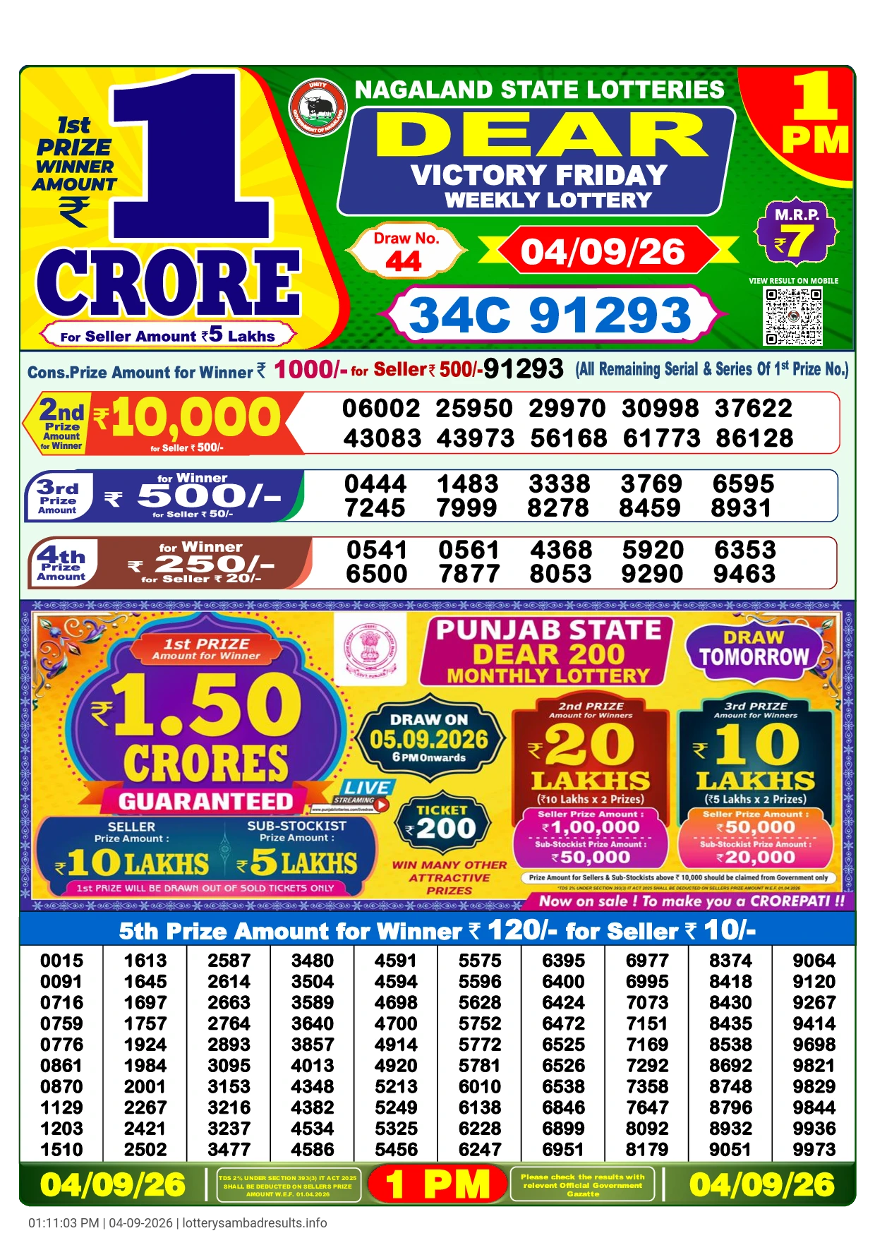 Lottery Sambad Result 1 PM 4 September, 2026