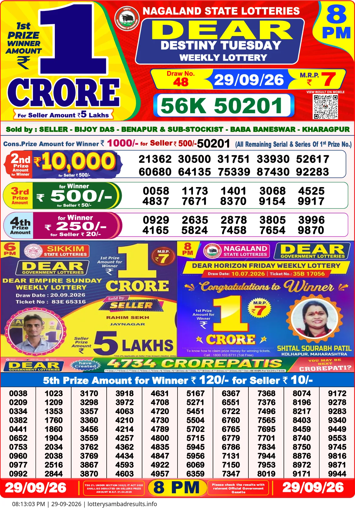 Lottery Sambad Result 8 PM 29 September, 2026